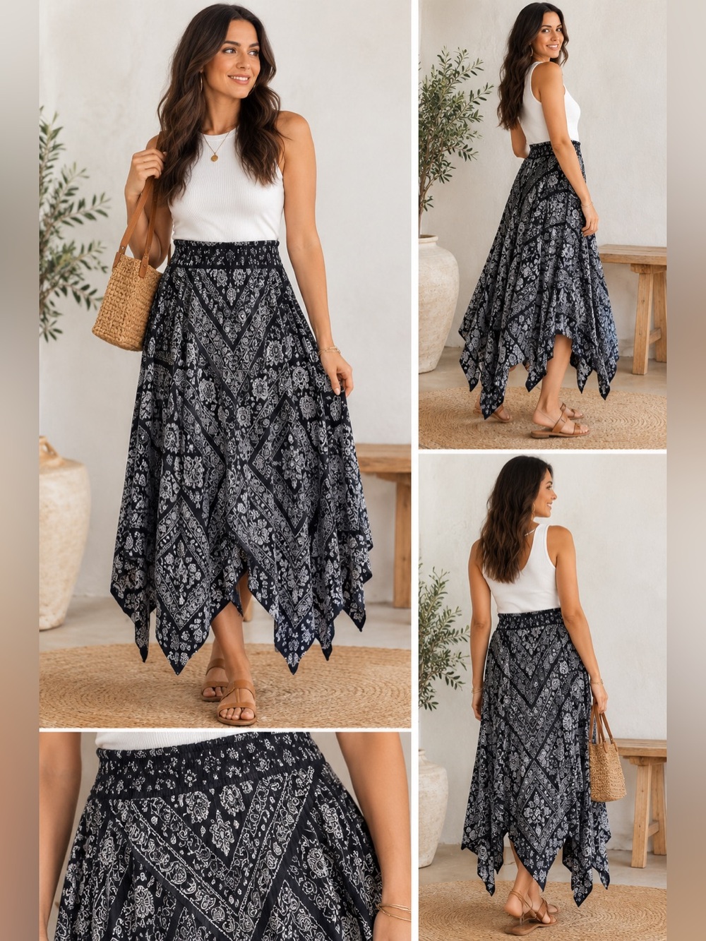 Bila Black White Paisley Maxi Skirt Boho Festival Asymmetrical Handkerchief NWT